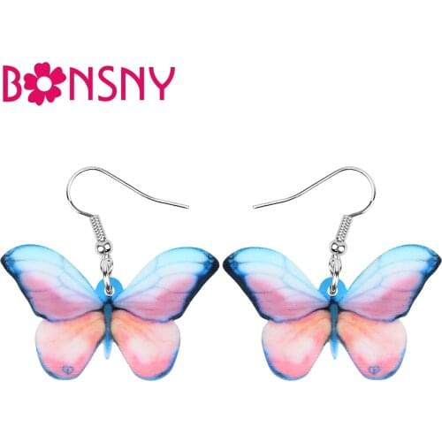 Bonsny Acrylic Pink Brush-footed Butterfly Earrings Long Printing Animal Dangle Drop For Women Girl Spring Fashion Gift Jewelry