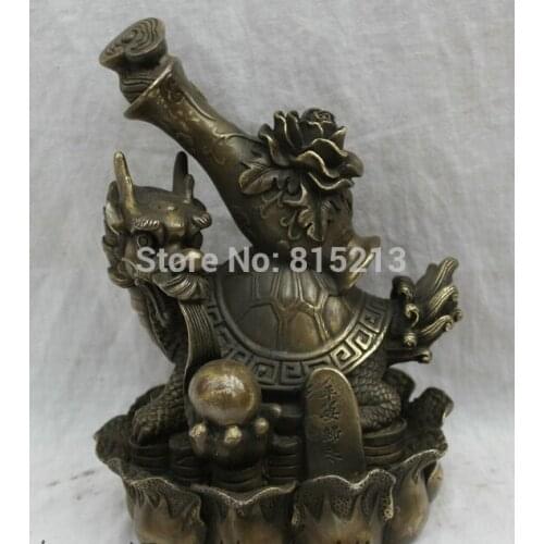 Bi0011683 9" China Bronze Animals Longevity Wealth Coin Flower Pot On Dragon Turtle Statue