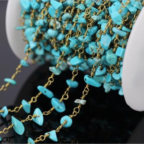 DIY 5Meter Turquoise Chip Beads Link Rosary Chains,plated Brass Wire Wrapped Chain Necklace bracelet,fine Jewelry Findings