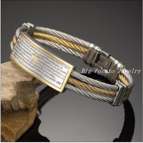 High Quality Silver Gold Color 316L Stainless Steel Mens Womens Cable Wire Chain Bible Cross Bracelet Bangle 7.7"