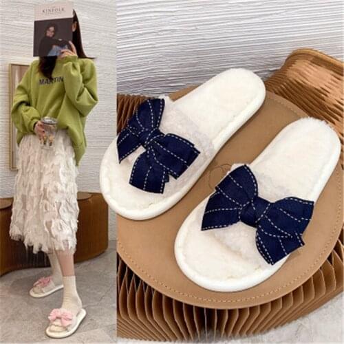 Slippers women shoes woman slides plush slippers home bowknot slippers women indoor home slipper Winter Warm Faux Fur Slippers