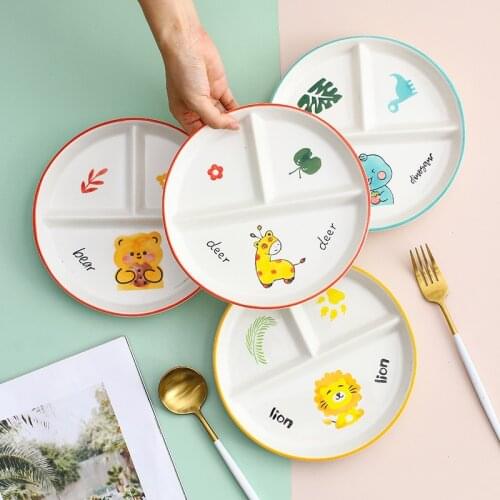 Childrens Tableware Cartoon Ceramic Grid Plate for One Person Breakfast Plate Divider Plate Ceramic Dish Serving Platter