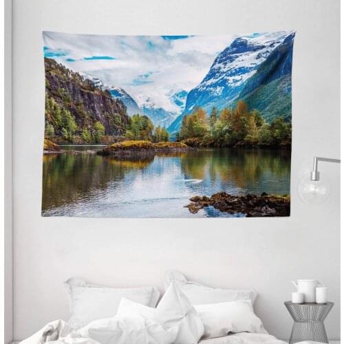 Nature Tapestry Norway Mountain Range With Snowy Peaks Lake Nordic Northern Landscape Wall Hanging For Bedroom Living Room Dorm