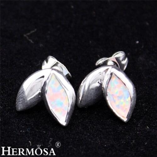 HERMOSA Fashion Women Stud Earrings Girls White Opal Two Leaf Trendy Stud Earring For Women Jewelry