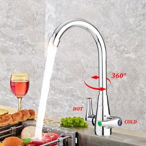 Brass Chrome Finish Kitchen Sink Faucet 360° Rotate Neck Spout Double Handle Water Mixer Tap