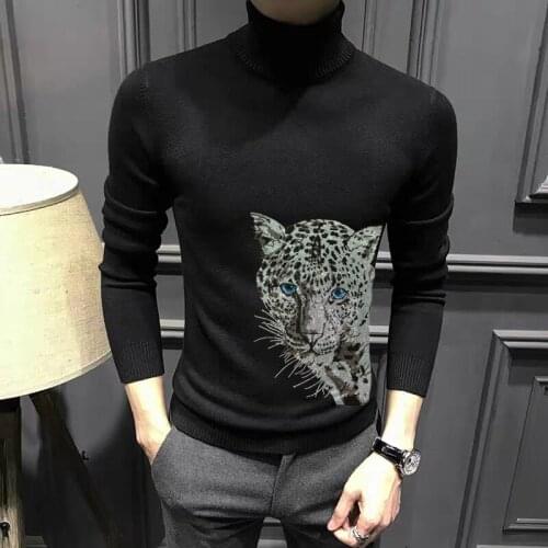 Hot Sale Animal Pictures Fashion Diamond Top Quality Cashmere Base Pullover Knit Men Turtleneck Sweater Brand Sweatshirt