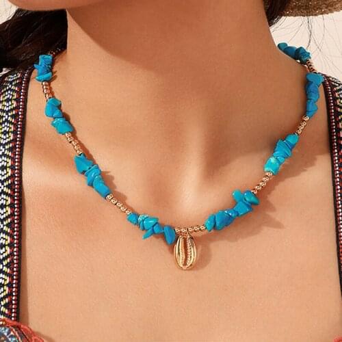 Fashion Seashell Shell Necklace Chain Semi Precious Chips Beads Woman Choker Cowrie Blue Stone Beach Boho Necklace Conch Bff