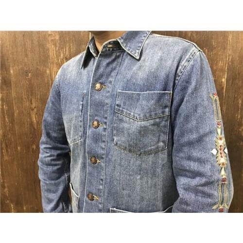 Mens 100%cotton denim jacket vintage shirt western jacket Navajo embroidery
