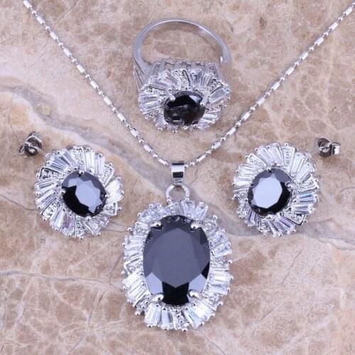 Black Cubic Zirconia White CZ Silver Plated Jewelry Sets Earrings Pendant Ring Size 6 / 7 / 8 / 9 / 10 Free S0086