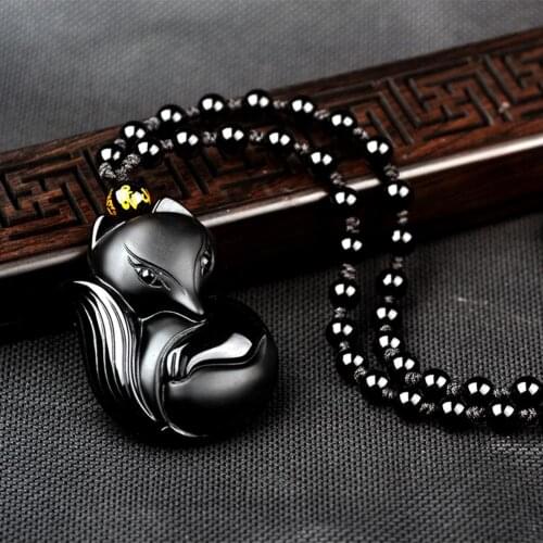 Obsidian Carving Fox Amulet Pendant Bead Chain Necklace Unisex Jewelry Gift necklace for women бижутерия для женщин 2020