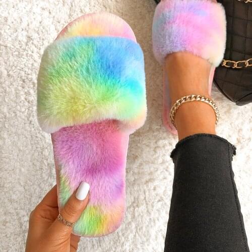 Furry Fur Slippers Women Fluffy Flip Flops Faux Fur Fuzzy Slides Plush House Slippers Ladies Cozy Flat Sandals Female Home Shoes