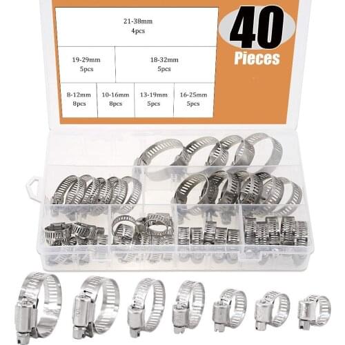 40Pcs Adjustable 8 to 38mm Diameter Clips Worm Gear Hose Clamp Assortment Kit for Various Pipes Automotive Mechanical Use