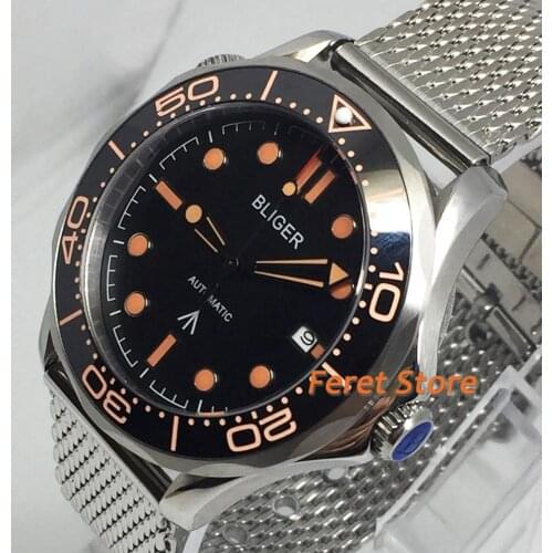 Bliger 41mm Luxury watch Silver Stainless steel Case Sapphire Glass Ceramic Bezel black Dial Date Mens Automatic Watch