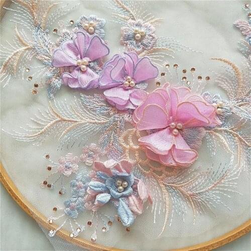 Pink/Pale Blue 3D Beaded Flower Lace Applique, Embroidered Wedding Applique For Bridal Gown, Dance Costumes, Headpieces