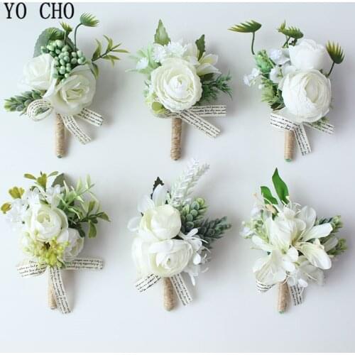 YO CHO Wrist Corsage Wedding Boutonnieres Artificial Silk Rose Bridal Wrist Flower Girl Bracelet Men Corsage White Boutonniere
