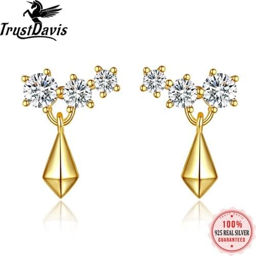 TrustDavis Real 925 Sterling Silver 14K Gold Plated Simple Zircon Stud Earrings For Women Tassel Shiny Wedding Jewelry Gift L040