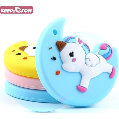 Keep&Grow BPA Free 1Pc Baby Teethers Moon Unicorn Silicone Teether Beads Food Grade Baby Teething Toys DIY Necklace Pendant