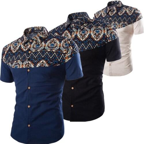 2017 Summer Fashion Tribal Floral Traditional African Print Linen Shirt Men Short Sleeve Hemp Black Navy Beige