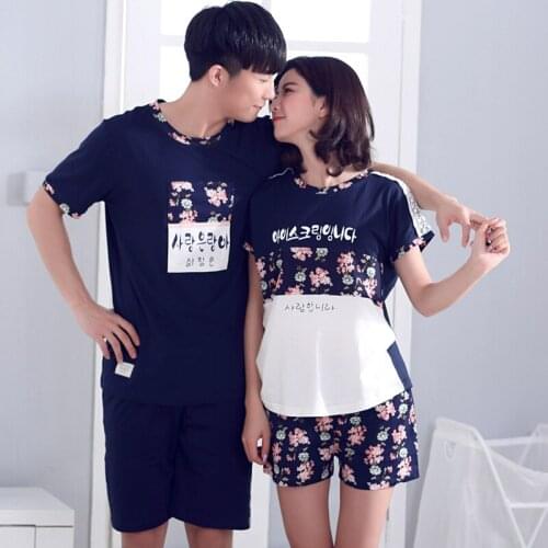2019 Lovers Sleepwear Summer Cotton Short-sleeve 100% Male Thin Female Autumn Lounge Pyjamas Set Womens Couple Pajama Sets
