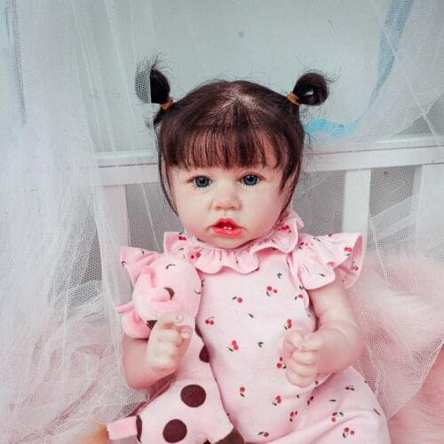 22Inch Silicone Reborn Baby Doll Toys For Girls 55CM Newborn Princess Bebe Toys With Two Teeth Brown Hair Kid Birthday Gifts