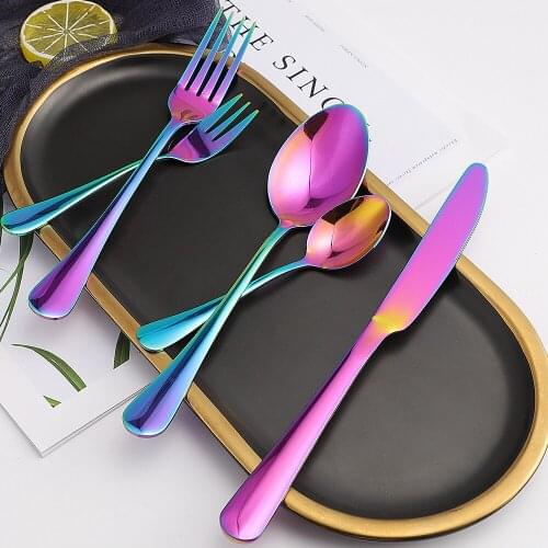 5Pcs Glossy Rainbow Stainless Steel Cutlery Tableware Set Dinnerware Dinner Flatware Set Forks Knives Spoons Set Home Silverware