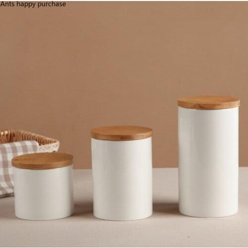 White Ceramic Jar Wooden Cover Food Storage Tank Sealed Jar Kitchen Organize Container Jars with Lid Storage Bottle Organize Box