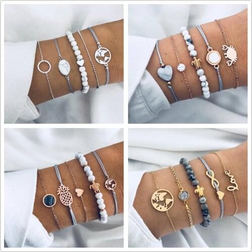 Bohemian Shell Bracelet Set for Women Gold Charm Star Map Pineapple Heart Natural Stone Cuff Beads Chains Bangle Fashion Jewelry