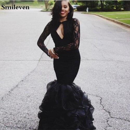 Smileven Black Mermaid Evening Gowns Formal Long Sleeve Evening Dresses Sexy Lace Prom Party Dress Open Back robe de soiree