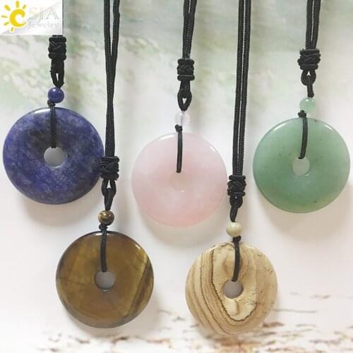 CSJA Natural Stone Donut Pendant Necklace 40mm Round Circle Healing Pink Quartz Tiger Eye Bead for Women Men Necklaces Gift G138