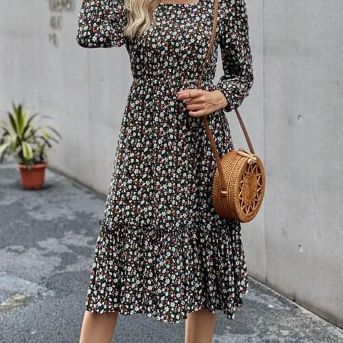 BacklakeGirls Boho Style Elegant Square Collar Long Sleeve Floral Print Dress Elegant Cocktail Party Dress Robe De Cocktail