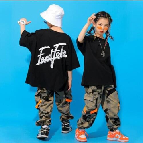 Kids Festival Hip Hop Clothing Black Tshirt Tops Streetwear Tactical Cargo Camo Pants For Girls Boys Jazz Dance Costume Clothes