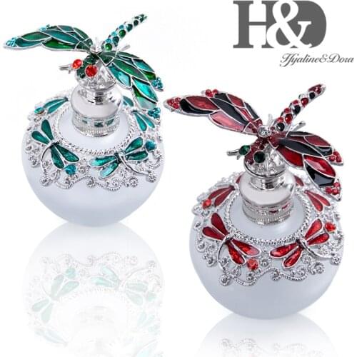 H&D 40ml Womens Fashion Empty Refillable Perfume Bottle With Dragonfly Stopper Figurine Collection Retro Glass Makeup Container
