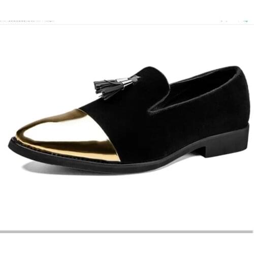 Fashion Gold metal signature Shark Tooth and gold toe Handmade Velvet Men flock shoes Men wedding and party Loafers Men Flats