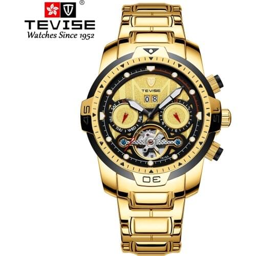 Tevise Top Brand Mens Week Date Water Resistant Luminous Hands Luxury Golden Steel Mechanical Wrist Watch Tourbillon Male Clock