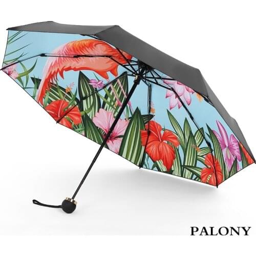 PALONY Five-folding Mini Flamingo Style Fashion Pattern Uv and Windproof Travel Womens and Childrens Sunny Rainy Umbrella