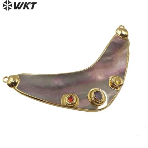 WT-JP203 Amazing gold charm double loops crescent horn pendant fashion triple cz charm shell horn pendants boho style