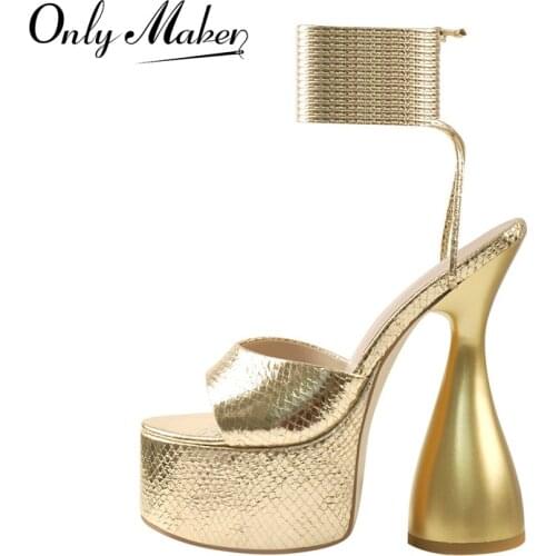 Onlymaker Womens Summer Platform Sandals Gold Ankle Cross Strap Crocodile Print Spike High Heels Sandals Large Size Fashion