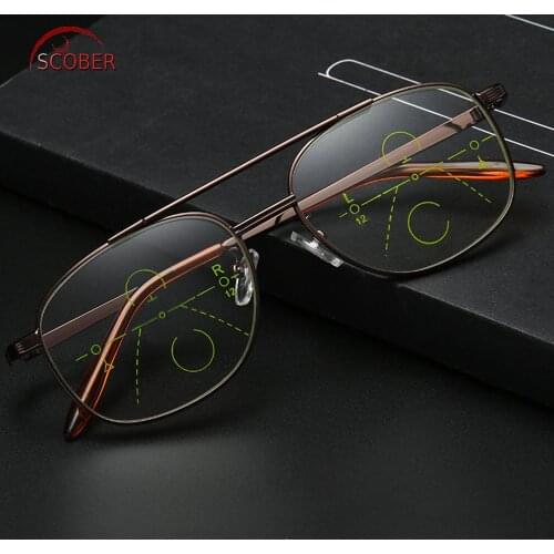 = SCOBER = Brown double Bridge frame Intelligence Progressive Multifocal Commercial Reading Glasses Bifocal +1 +1.5 +2 TO +4