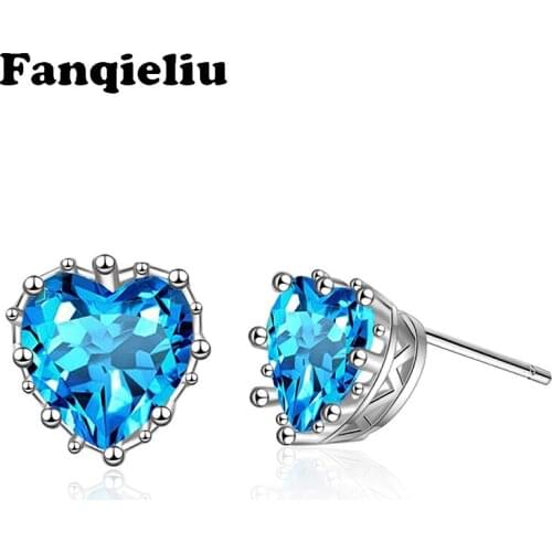 Fanqieliu Heart 925 Sterling Silver Stud Earrings For Women Blue Crystal Earring Birthday Gift Girl Jewelry Earrings FQL20247
