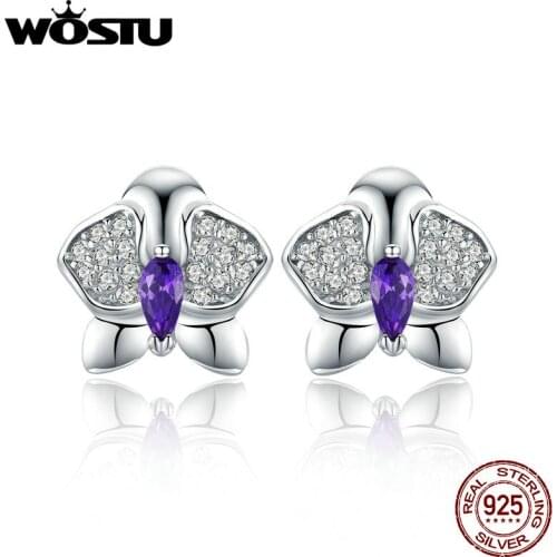 WOSTU Genuine 925 Sterling Silver Butterfly With Purple Crystal Dorp Earring For Women Making Fashion Jewelry Gift BNE036