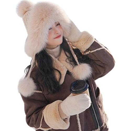 Real Fox Fur Bomber Hat Winter Warm Wool Cap Earmuffs Handmade Soft Comfortable Beige Grey Pink