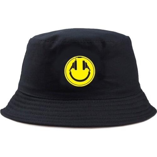 Headphone smiley funny print hat Women Men Panama Bucket Cap The Design Flat Visor Harajuku Fisherman Hat