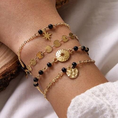 Tocona 4pcs/sets Bohemian Black Bead Star Bracelets for Women Gold Color Alloy Metal Wafer Geometric Jewelry Gift 10101