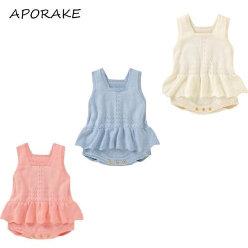 2021 0-18M Spring Fall Baby Girls Knitted Romper Solid Color Square Collar Sleeveless Ruffle Playsuit Dress Blue/ Pink/ White