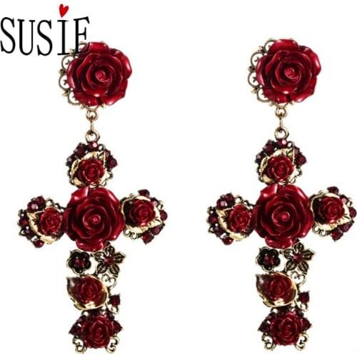 LOVE SUSIE Women Earrings Cross Shape Baroque Rose Flower Ladies Earring Rhinestone Wedding Party Jewelery Accessories