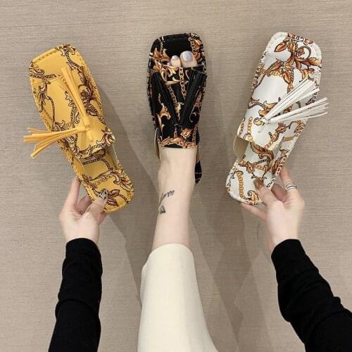 Women Slippers Retro Style Totem Fringe Decor Square Toe Flat Ladies Summer Sandals Comfortable Outside Slides Shoes
