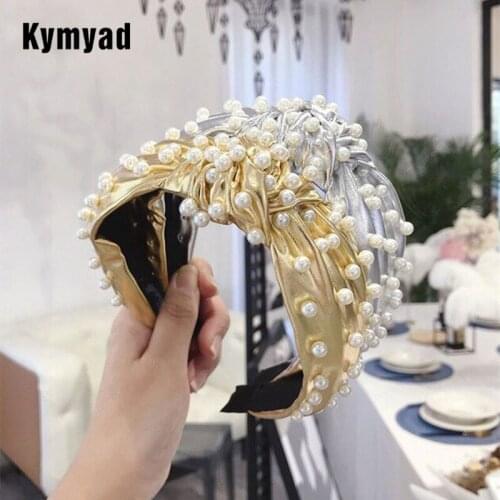 Kymyad Simulated Pearl Women Wide Hairband Headband PU Leather Knotted Girl Hair Bands Accessories Wave Points Headwear