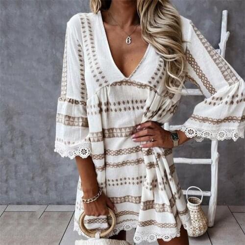 Sexy Geometric Print V Neck Short Dress Women Boho Long Flare Sleeve Lace Edge Ruffled Casual Loose Dresses Plus Size Clothes