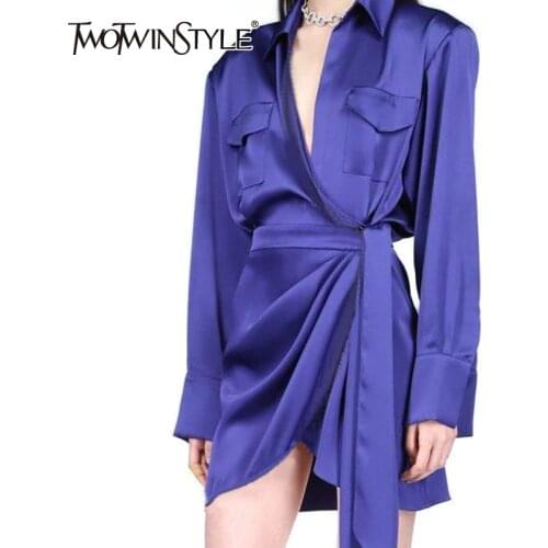 TWOTWINSTYLE Lace Up Bowknot Dresses For Female Lapel Collar Long Sleeve High Waist Slimming Ruched Womens Dress Fashion 2021