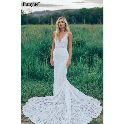 Romantic Lace V-Neck Sweep Train Boho Wedding Dress Mermaid Backless Sexy Bridal Gowns with Pockets Vestidos De Novia